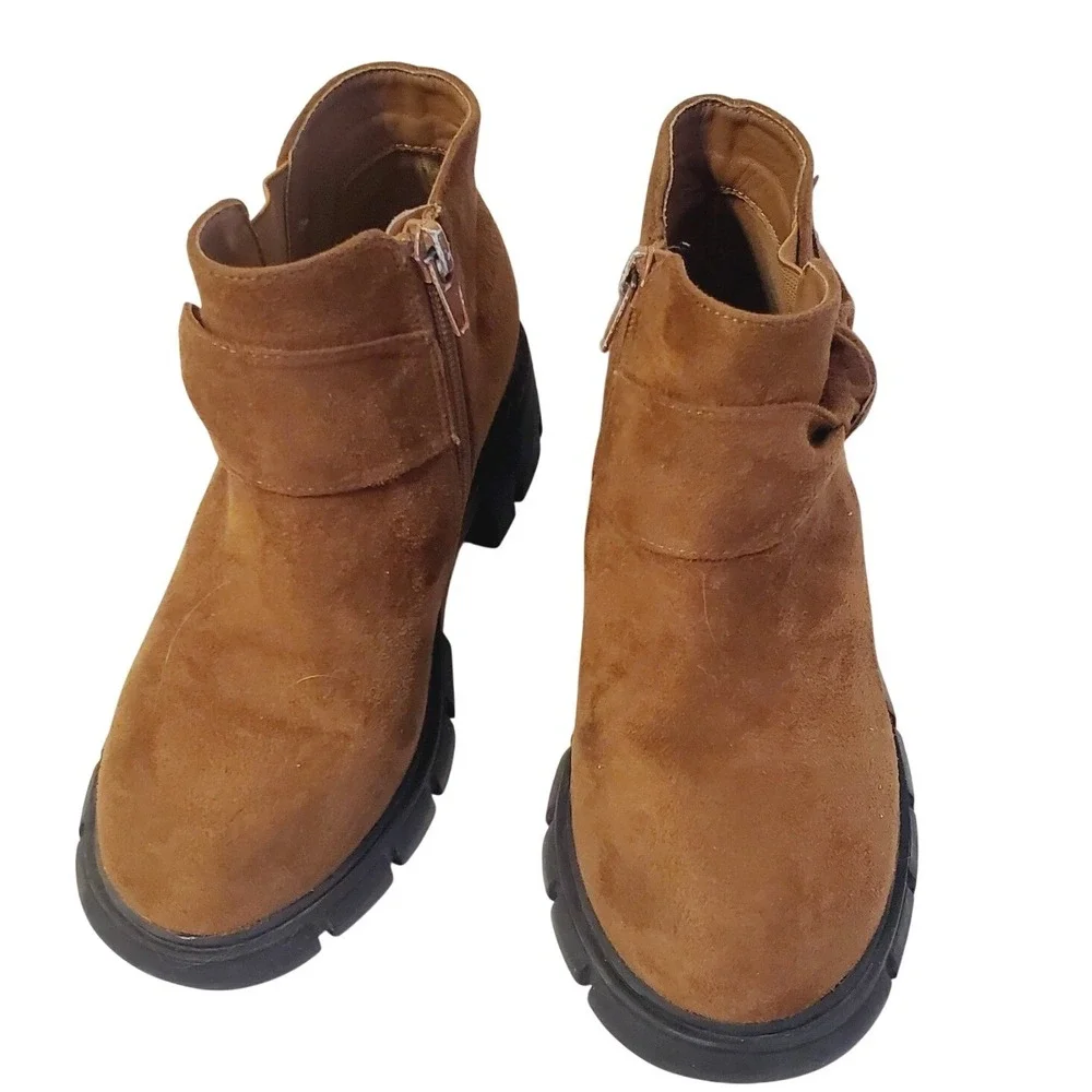 ZBY Girls Sz 1 Tan Faux Suede Ankle Boots Bow Rhinestone Lug Sole